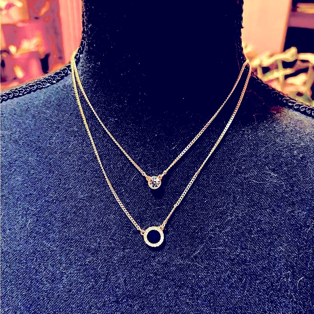 Elegant Gold Double Layer Necklace with Black and  Clear Pendants